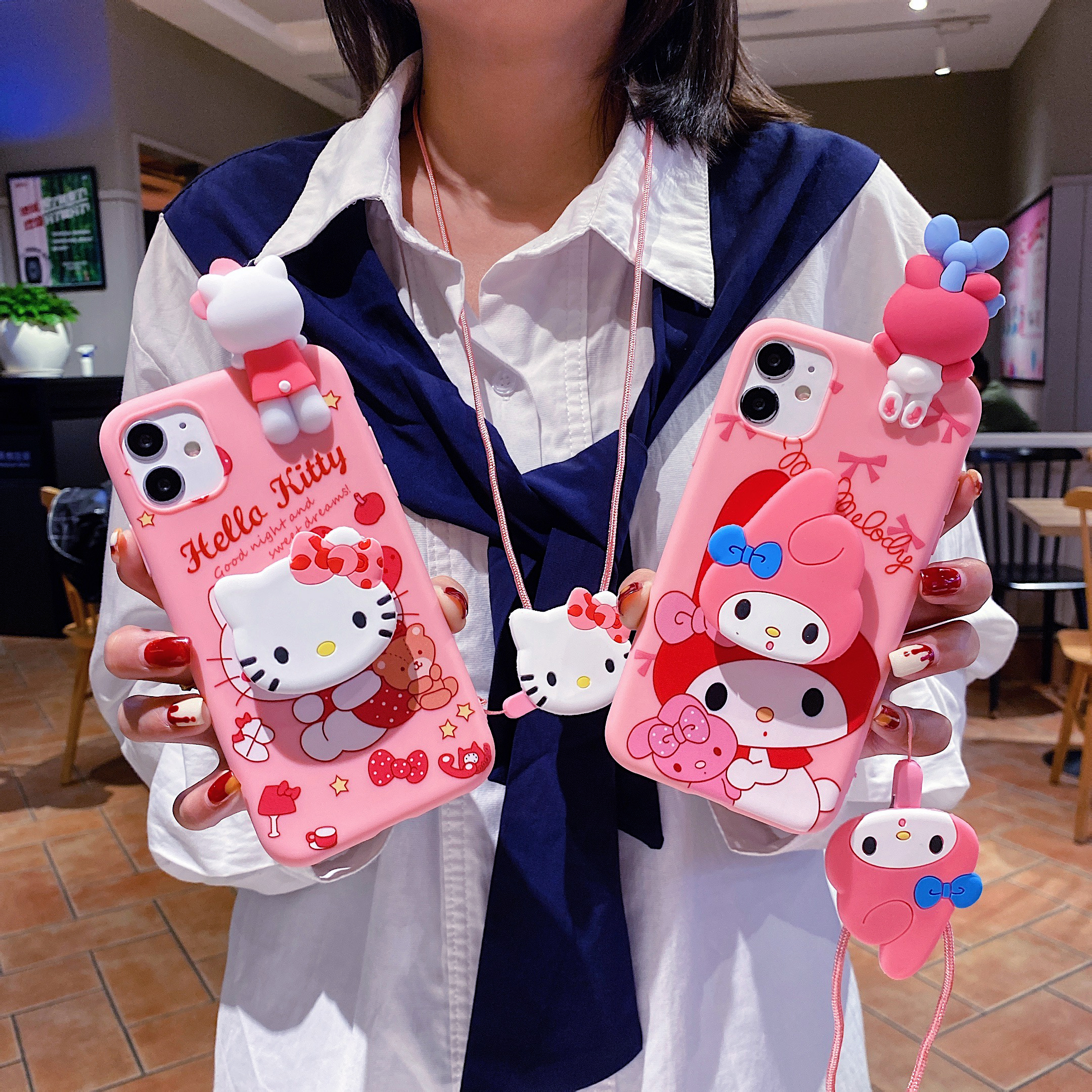 For iPhone 17 16 16e 15 14 13 12 11 Pro Max Air XR X XS Max 6 6S 7 8 Plus SE 3D Cartoon Sanrio Kitty Melody Holder Lanyard Case