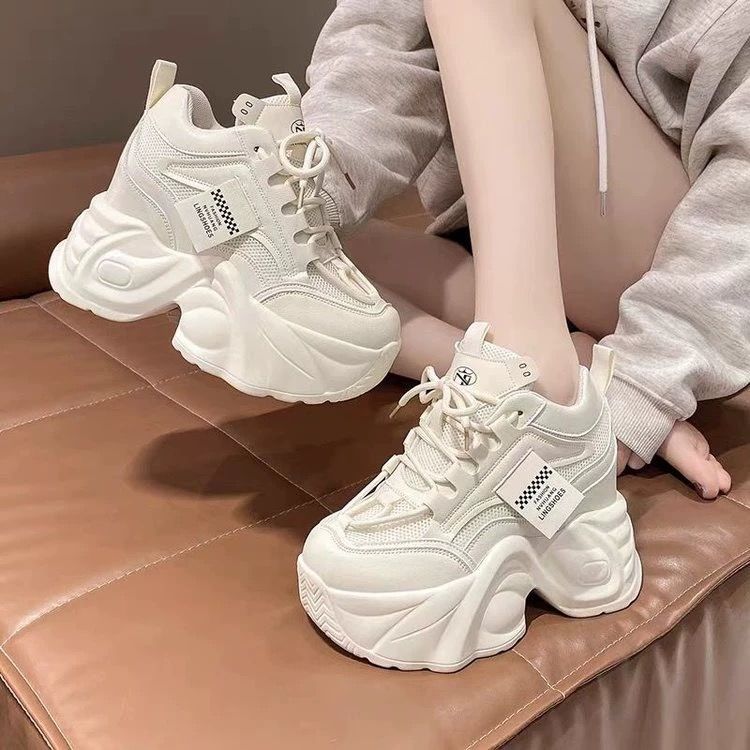 Trendy Must - Buy Beige Chunky Platform Sneakers, Mesh Upper & Label Accent, Perfect for Casual Outings