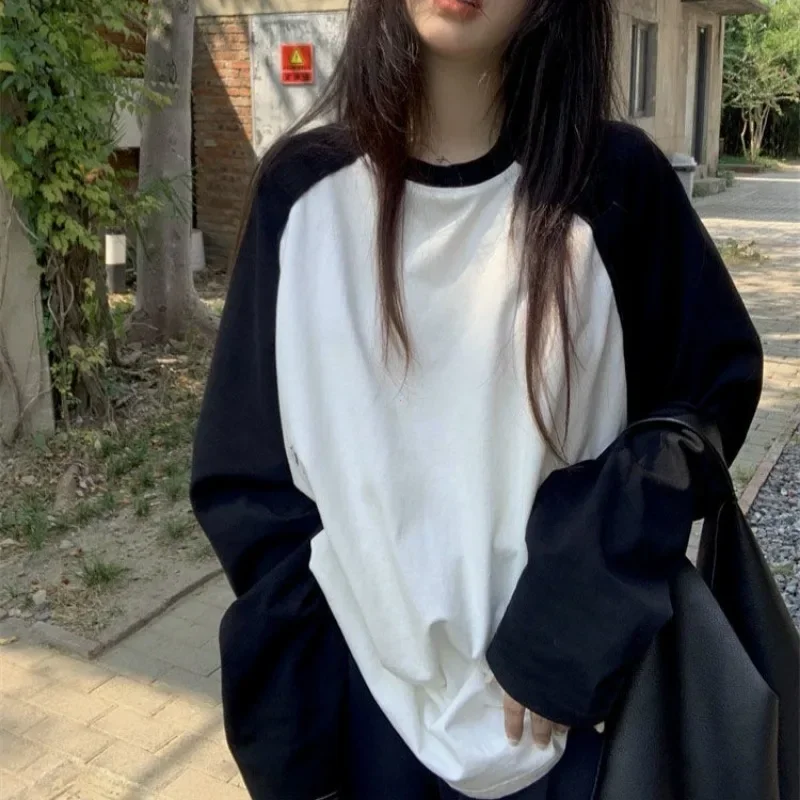 Casual Oversized T Shirt Y2k Tops Harajuku Long Sleeve O-Neck T-Shirts Spring Autumn Black White Patchwork Tees Women Streetwear