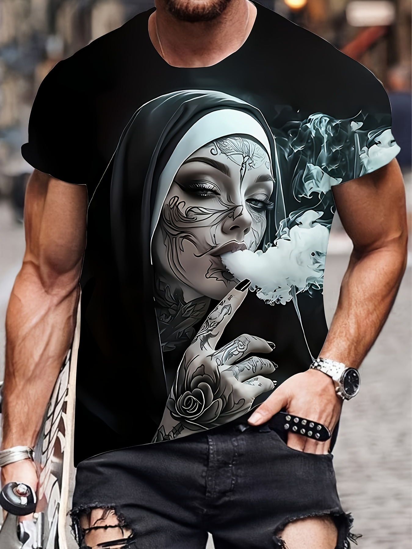 Men's  with Smoking Nun 3D Graphic T-Shirt Black Casual Summer Tee Short Sleeves Polyester  Streetwear T-Shirts Vintage Clothing